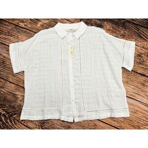 NWT $118 Max Studio Womens L White Blouse Shirt Short Sleeve Boxi Boho Crochet